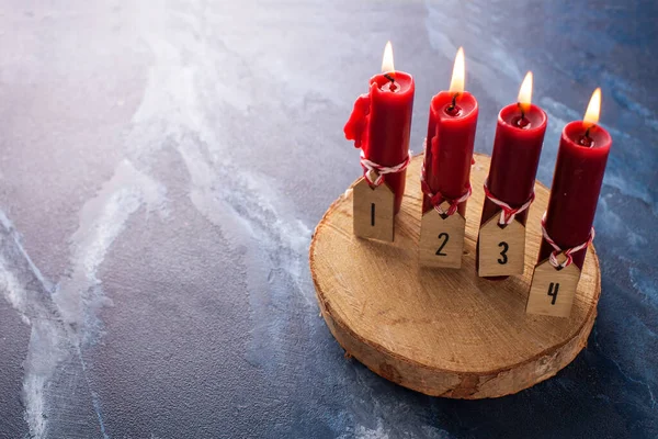 Simple Advent Christmas Composition Red Burning Candles Blue Textured Background — Stock Photo, Image