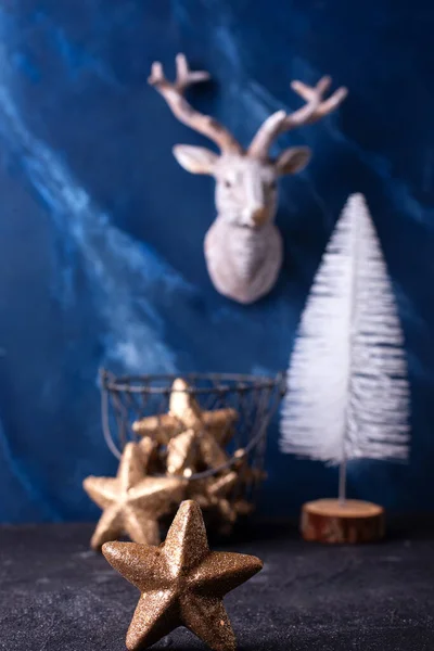 New Year Decorations Golned Star Decorative Head Deer Deep Blue — Stock Photo, Image