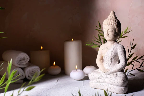 Beauty Wellness Concept Statue Buddha Burning Candles Spa Time Religion — Stock Photo, Image