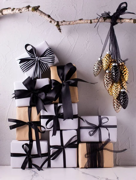 Collection Wrapped Boxes Presents Bunch Golden Decorative Cones Branch Tree — Stock Photo, Image