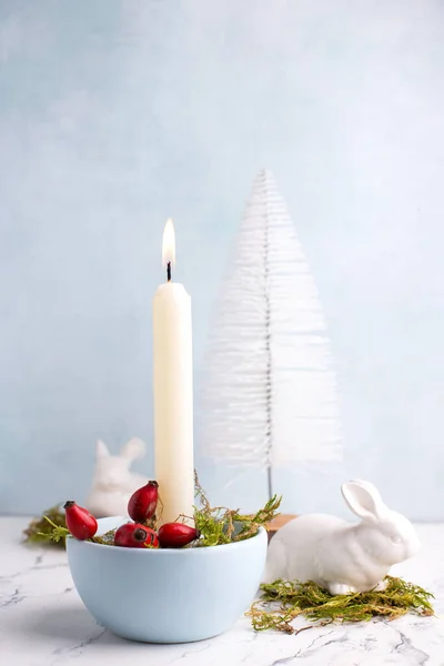 White Burning Candle Moss Briar Berries White Rabbits White Decorative — Stock Photo, Image