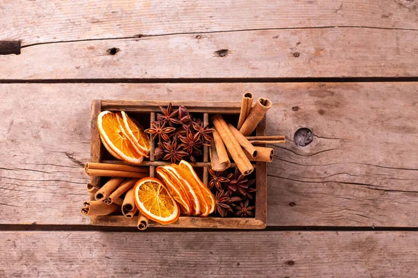 Vintage Box Spices Cinnamone Slices Dried Orange Anise Vintage Wooden — Stock Photo, Image