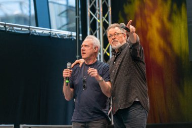 STUTTGART, GERMANY - JUN 29th 2019: Brent Spiner and Jonathan Frakes at Comic Con Germany Stuttgart, a two day fan convention clipart