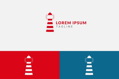Deniz minimalist deniz feneri logosu konsepti kırmızı ve mavi. Turizm, denizcilik, yelkencilik, sahil, tatil ve daha fazlası için vektör logosu şablonu