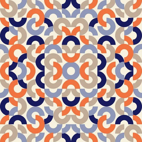 stock vector Modern bold symmetrical pattern of circles and semicircles in blue and orange. Vector seamless pattern design for textile, fashion, paper, packaging, wrapping and branding