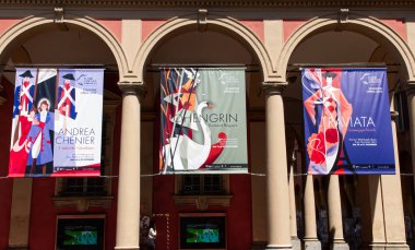 Bologna  Italy, June 2, 2022, Posters of the most famous opera performed in the Theater. Teatro Comunale di Bologna. Italy clipart