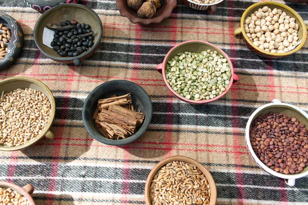 Várias Sementes Tigela Mesa Madeira Conceito Alimentação Saudável Nutricional — Fotografia de Stock