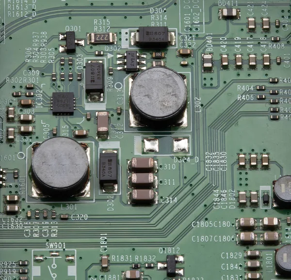 Printed circuit board with integrated circuits. Closeup.
