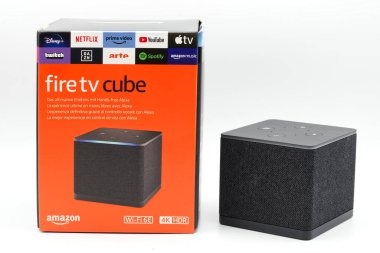 Bologna - Italy - November 11, 2022: Amazon Fire TV Cube isolated on a white background.