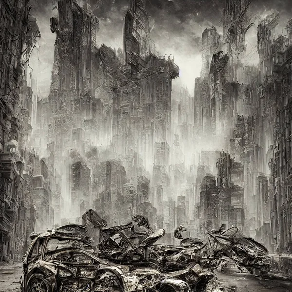 An imaginary destroyed city, crumbling buildings, abandoned cars. Generative Artificial Intelligence.