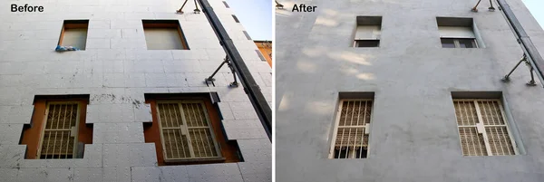 Insulating panels of molded expanded polystyrene covered before treatment and painting. Energy efficiency building renovation for energy saving. Before and after comparison.