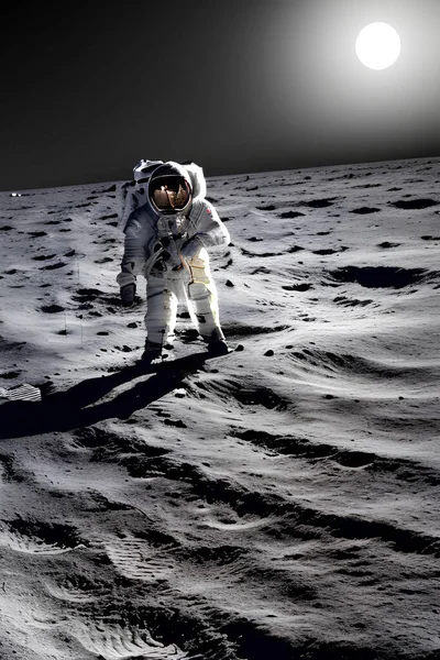 Astronaut walking on the moon. Sun on the background.