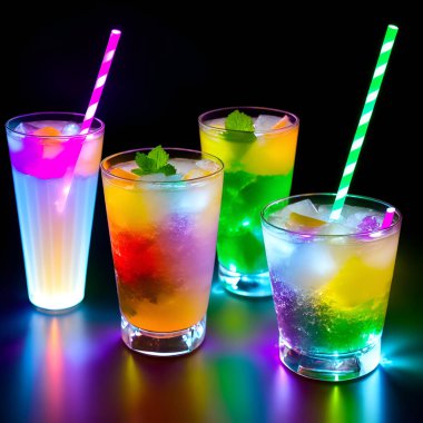 Glasses with colorful cocktails decorated with orange and lemon slices. Multicolored summer drinks. 