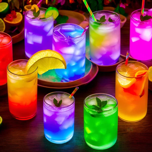 Glasses Colorful Cocktails Decorated Orange Lemon Slices Multicolored Summer Drinks — Zdjęcie stockowe