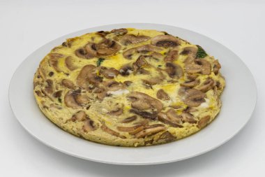Omelette with mushrooms and cheese on white background.