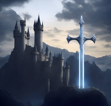 Excalibur kılıcı. Taşın içindeki efsanevi kılıç bu. Arka planda Camelot kalesi.