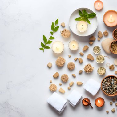 Rahatlama ve meditasyon için spa seti. Sağlık merkezi tedavisi ve rahatlama konsepti. Düz yatış, üst görünüm. 