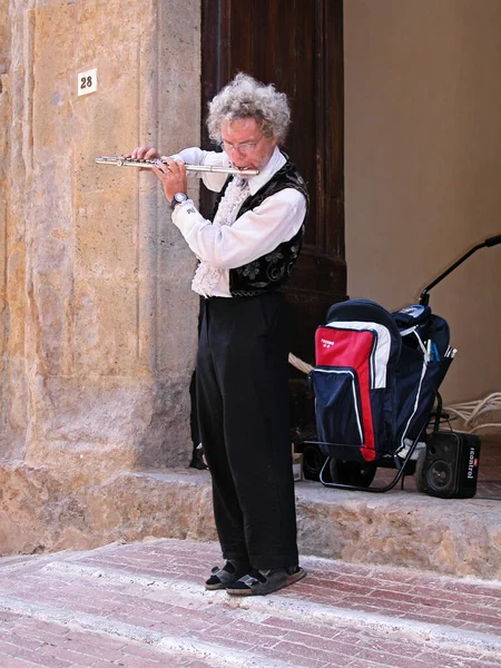 波洛尼亚 意大利 2015年8月15日 街头表演者吹奏长笛 街头流浪的概念 — 图库照片