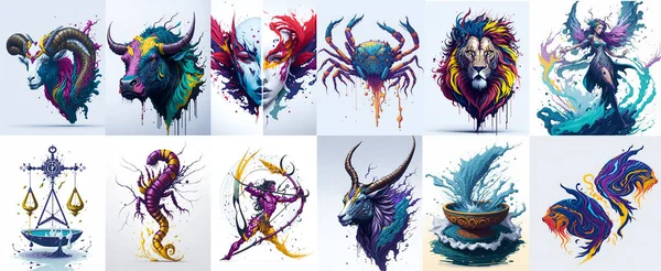 Complete Set All Twelve Zodiac Signs Splash Art Style — Stock Photo, Image