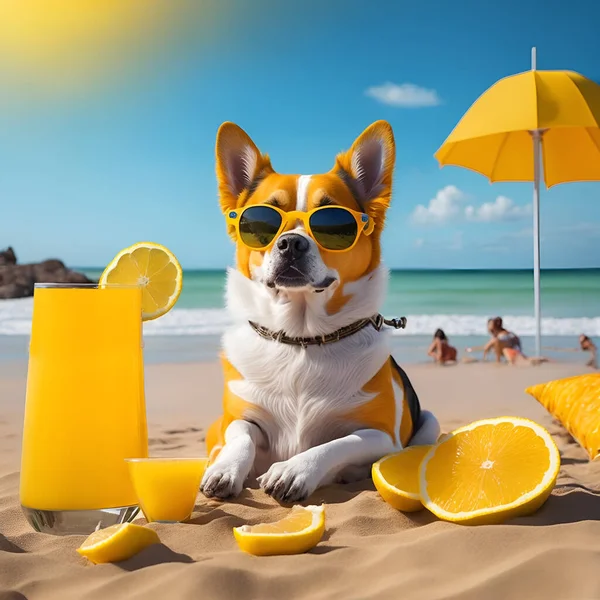 Cute Corgi Dog Żółtych Okularach Cieszących Się Plaży Sokiem Cytryny — Zdjęcie stockowe