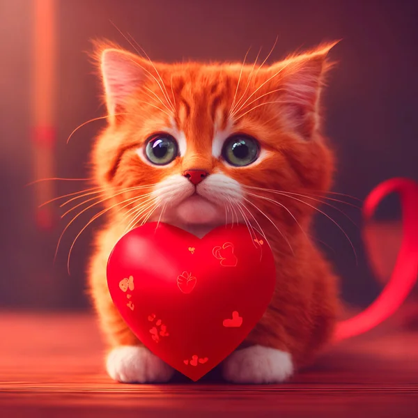Cute and adorable red kitty puppy holding a big red heart.