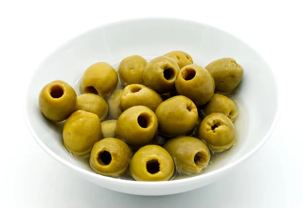 Pitted Green Olives Bowl Isolated White — Stock Photo, Image