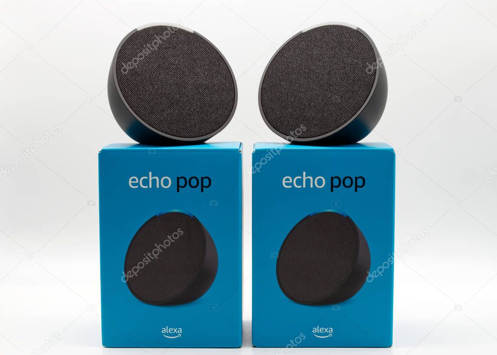 Bologna - Italy - July 13, 2023: Amazon Echo Pop. Alexa, virtual assistant AI.
