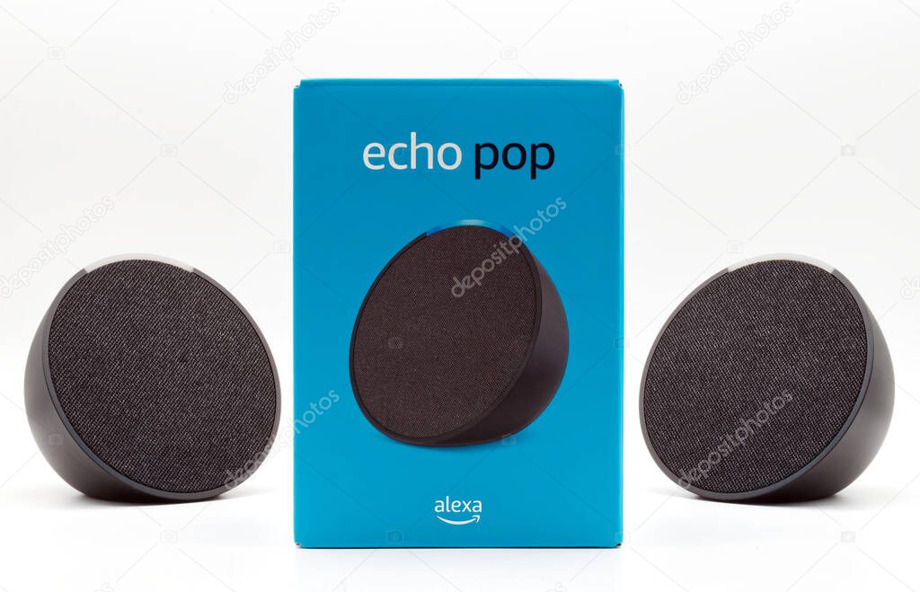Bologna - Italy - July 13, 2023: Amazon Echo Pop. Alexa, virtual assistant AI.