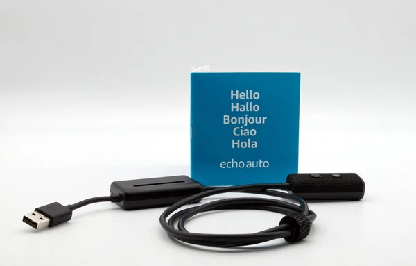 Bologna Italy July 2023 Amazon Echo Auto Alexa Virtual Assistant ภาพถ่ายสต็อกที่ปลอดค่าลิขสิทธิ์