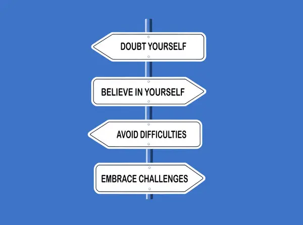 相信你自己 接受挑战 和它们的对立面 路标上激励人心的引语 蓝色背景 — 图库照片