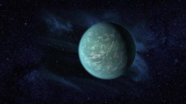 Kapler 22-b 'yi tasvir eden animasyon yüzeyinde sıvı suyun olabileceği bir dış gezegen. Evren bilimi astronomisi.