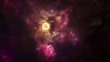 Gaz ve toz bulutunun içinde yeni bir yıldız oluşumu. Uzayda yeni güneş sistemi.