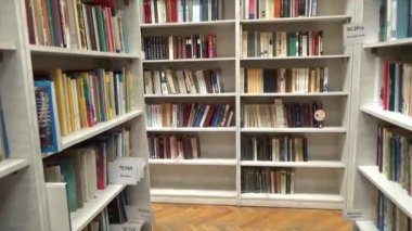 Kütüphanede çeşitli başlıklarla dolu organize kitap rafları. 4K