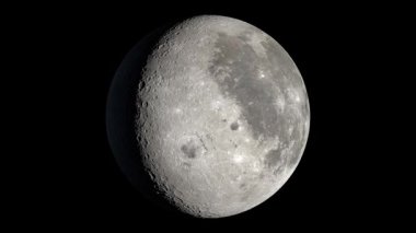 Ay, siyah zemin üzerinde döner. Yüzeyin detaylı görüntüsü. 4K 