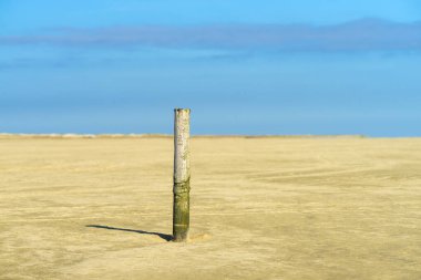 Danimarka 'nın Kuzey Denizi' ndeki Romo adasındaki plajda tahta tabela direği.