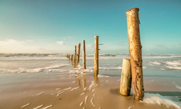 防波堤 ローマのデンマーク島の北海ビーチの木製のポスト 長い露出 — ストック写真