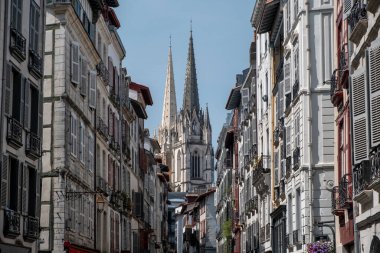 Bayonne 'un eski şehir merkezinin manzarası. Mavi gökyüzüyle Saint Mary Katedrali.