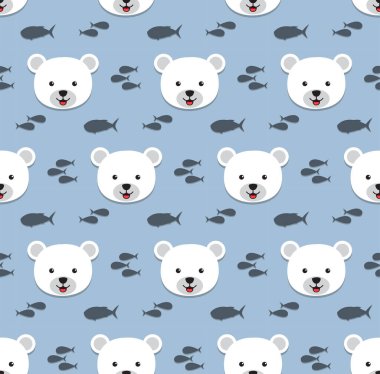 Kutup ayısı çizgi film deseni ve mavi arka planda balık silueti.