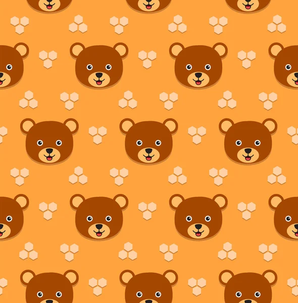 Bär Und Honigwaben Cartoon Nahtloses Muster Auf Orangefarbenem Hintergrund — Stockvektor