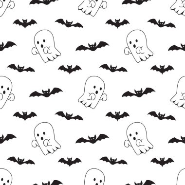 Kızlar ve erkekler için soyut, dikişsiz cadılar bayramı deseni. Hayalet ve yarasa yaratıcı desen. Tekstil ve kumaşlar için sevimli hayalet duvar kağıtları. Cadılar Bayramı tarzı. Renkli parlak resim