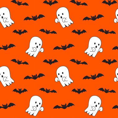 Tatlı cadılar bayramı hayaleti ve turuncu arka planda pürüzsüz yarasa deseni. Çocuklar ve ev dekorasyonu projeleri için harika bir vektör çizimi.