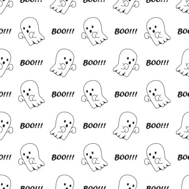 Beyaz arka planda şirin cadılar bayramı hayaleti kusursuz desen. Çocuklar ve ev dekorasyonu projeleri için harika bir vektör çizimi.