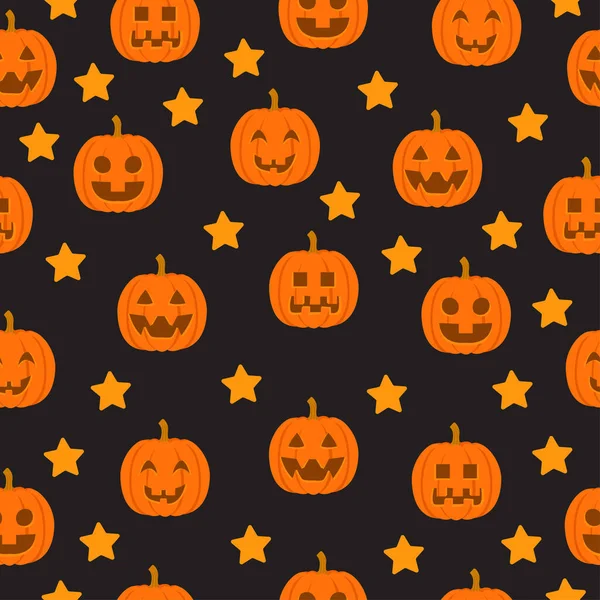Zökkenőmentes Vektor Minta Halloween Aranyos Mosolygós Narancs Tök Csillagok Egy — Stock Vector