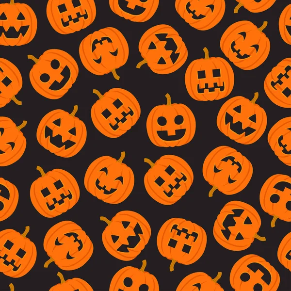 Бесшовный Векторный Рисунок Хэллоуин Милыми Улыбающимися Оранжевыми Тыквами Черном Фоне — стоковый вектор