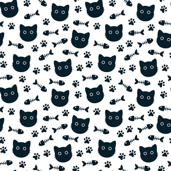 Black Cat Pattern Set Footprints Fish Bones Perfect Design Wallpaper — Stock Vector