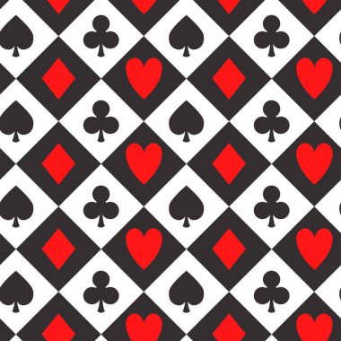 Kusursuz poker kartı şablonu, kart takımları, kulüpler, kalpler, maça ve siyah beyaz çeklerle elmaslarla kusursuz vektör kumarhanesi geçmişi