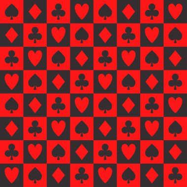 Poker şablonu, kart takımları, kulüpler, kalpler, maça ve siyah ve kırmızı çekli elmaslarla kusursuz vektör kumarhanesi geçmişi