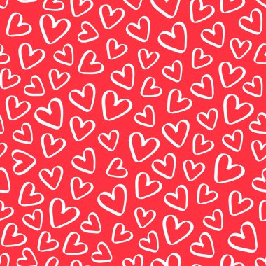 Aşk kalp tekrar model tasarım vektör arka planı. kırmızı arkaplanda beyaz anahat biçiminde kalp şekli