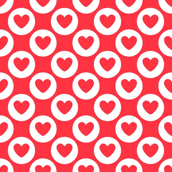 Aşk kalp tekrar desen tasarım vektör arkaplan, kırmızı zemin üzerinde beyaz bir daire içinde kırmızı kalp şekli
