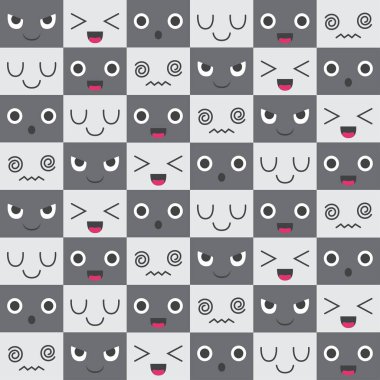 Gri monokrom içinde çeşitli ifadeleri olan kusursuz tekrarlayan desen simgeleri